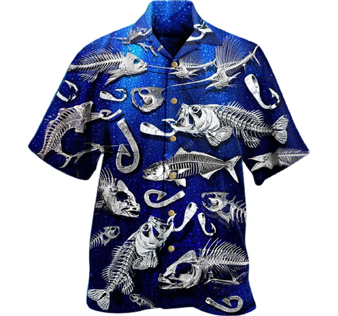 Fishing Fishbone Hook, Blue Gifts And Hawaiian Shirt, Button Up Aloha Shirt For Men, Women