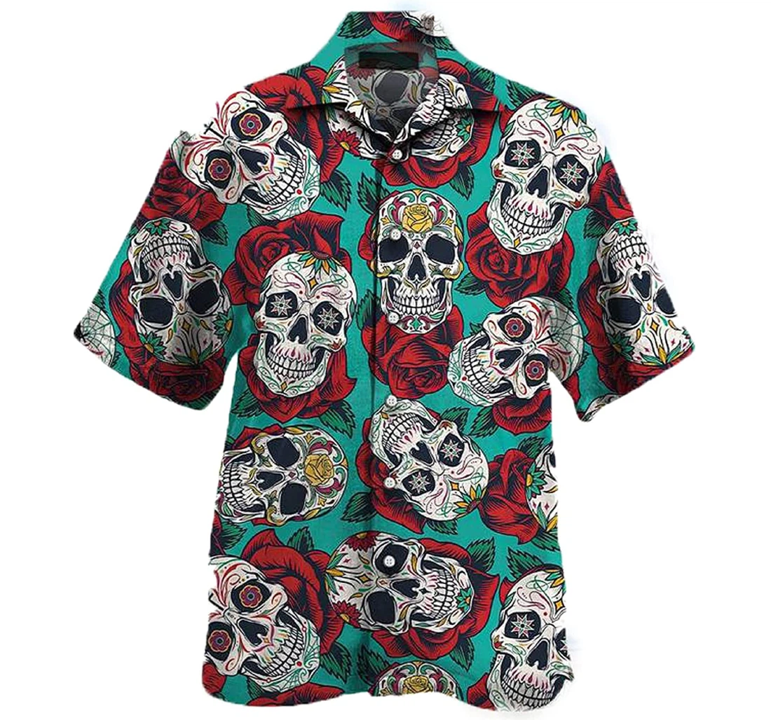Sugar Skull With Rose Gift And Hawaiian Shirt, Button Up Aloha Shirt For Men, Women