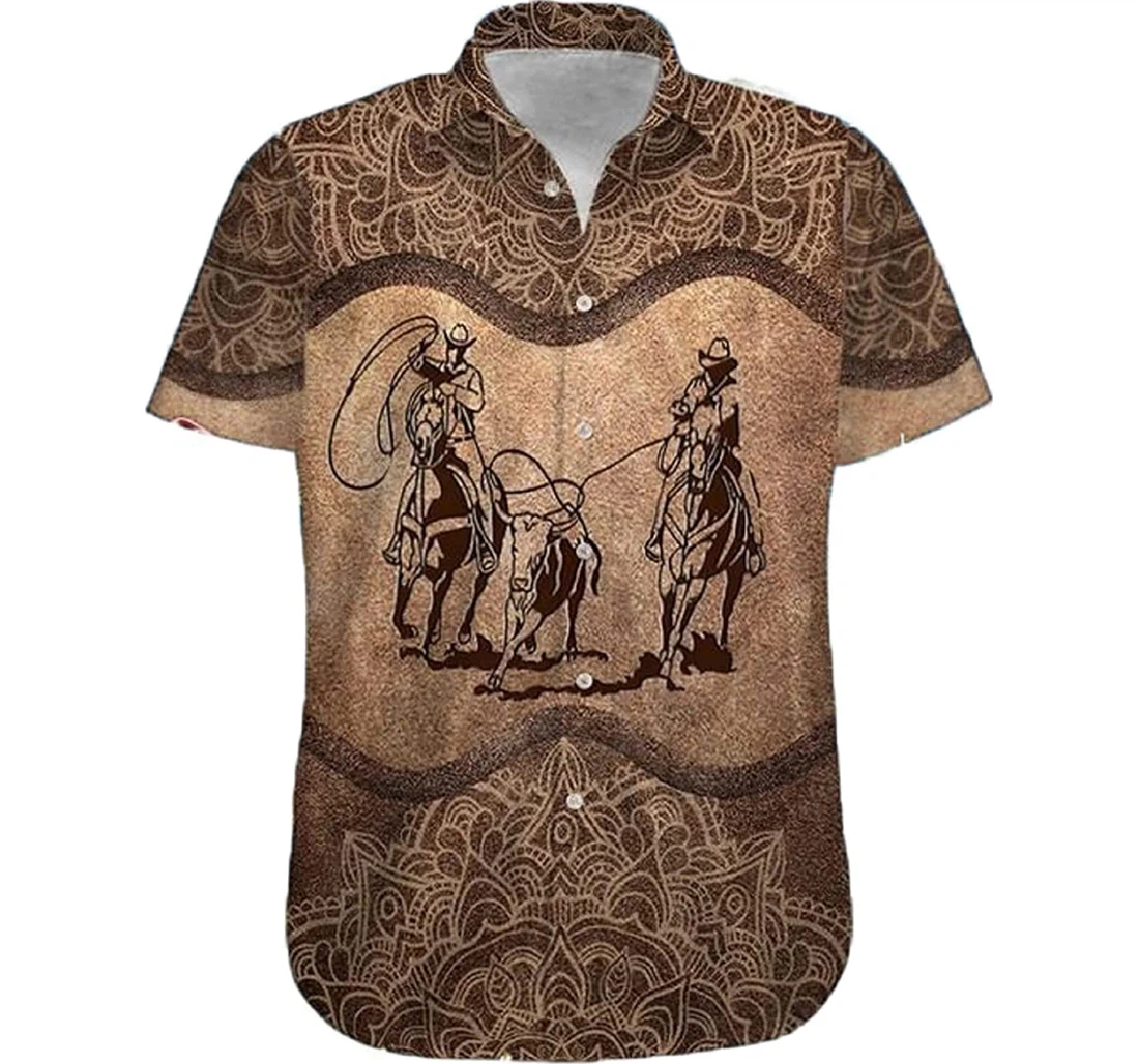 Cowboy - Team Roping Brown Mandala Gift Cowboy Hawaiian Shirt, Button Up Aloha Shirt For Men, Women