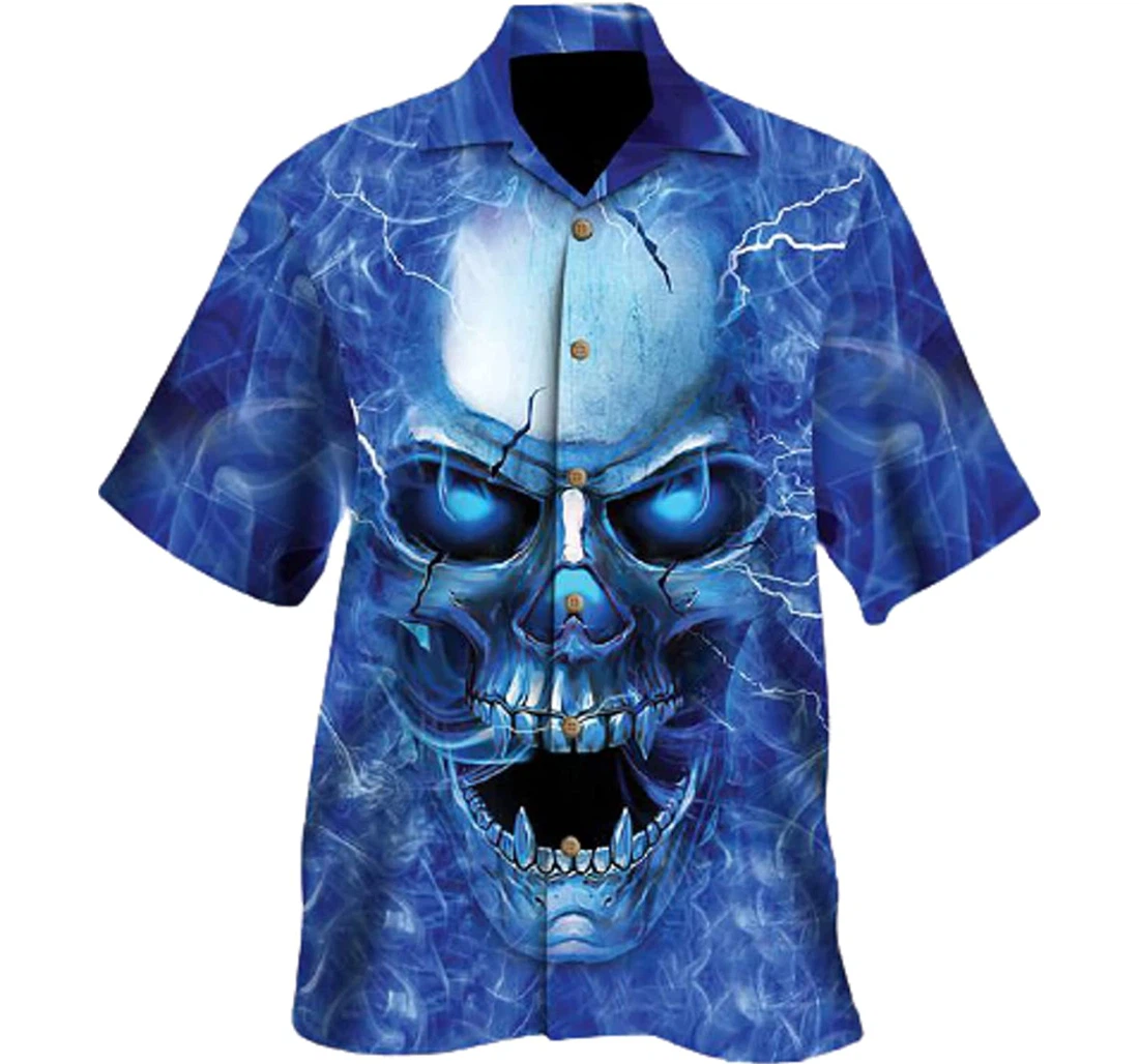 Blue Skull Horror Smoke Gifts And Hawaiian Shirt, Button Up Aloha Shirt For Men, Women