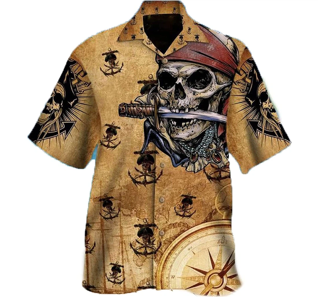 Pirates Of The Sea And Skull Gift And White Hawaiian Shirt, Button Up Aloha Shirt For Men, Women