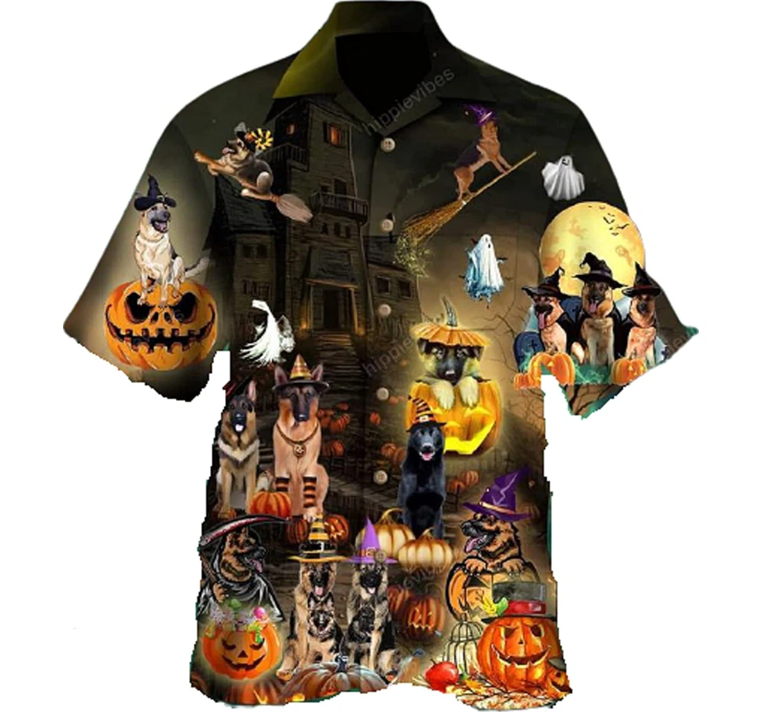 Halloween Pumpkin German Shepherd Horror Night White Hawaiian Shirt, Button Up Aloha Shirt For Men, Women