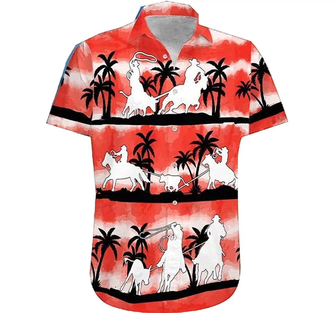 Cowboy - Team Roping Watercolor Palm Tree Gift Cowboy, White Hawaiian Shirt, Button Up Aloha Shirt For Men, Women