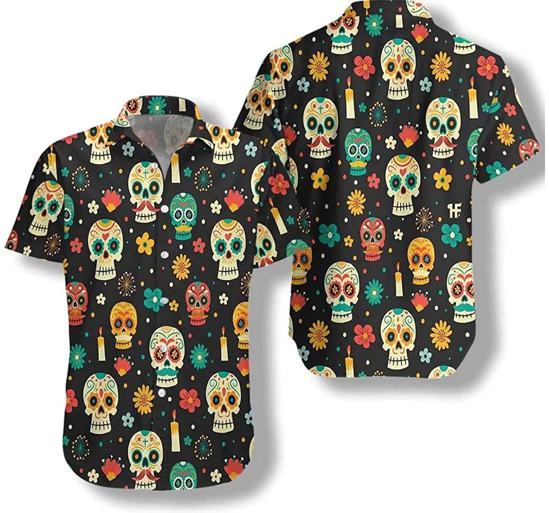 Sugar Skull Day Of The Dead Pattern Flower Gift And White Hawaiian Shirt, Button Up Aloha Shirt For Men, Women