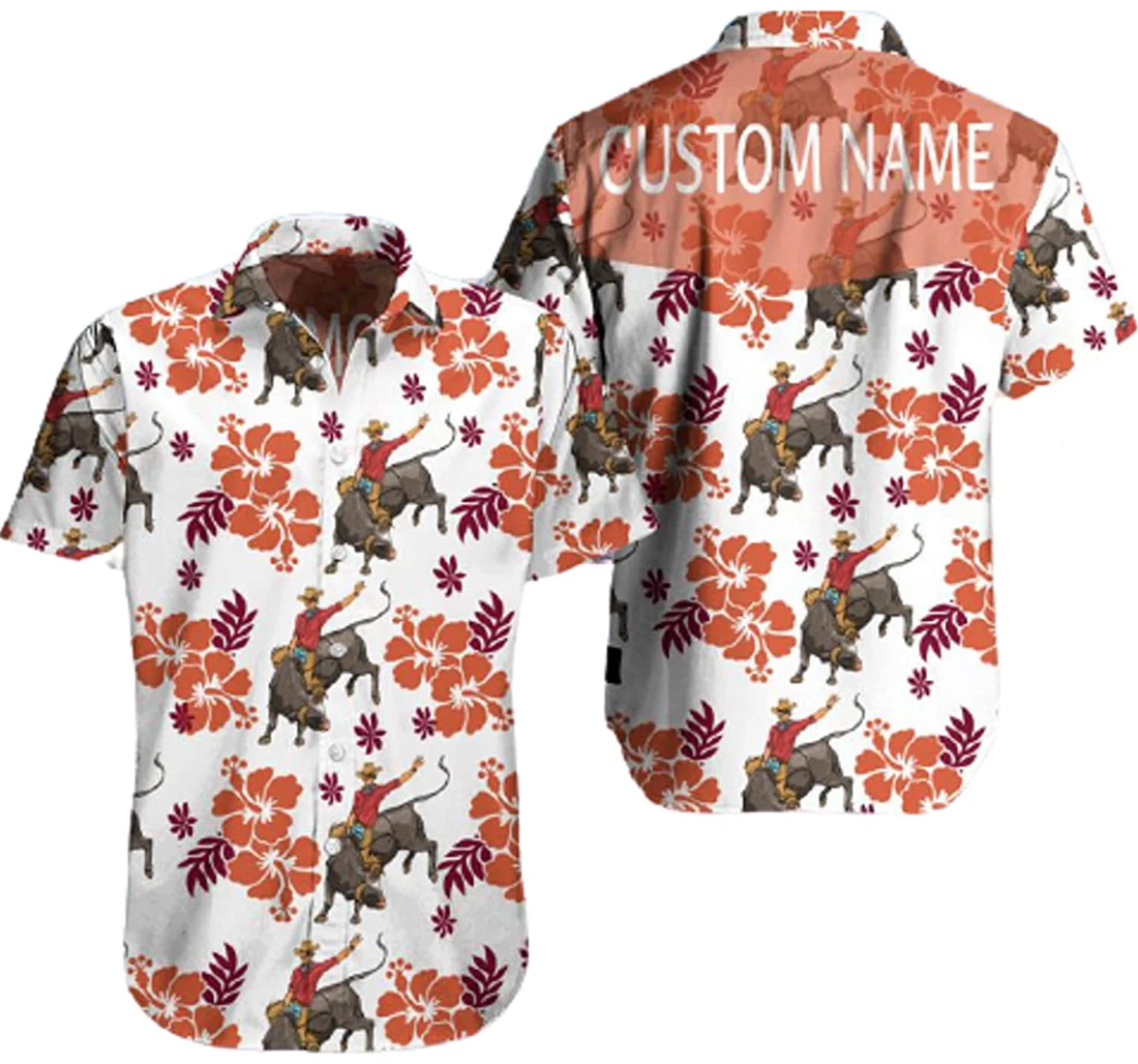 Personalized Bull Riding And Hibiscus Flower White Hawaiian Shirt, Button Up Aloha Shirt For Men, Women