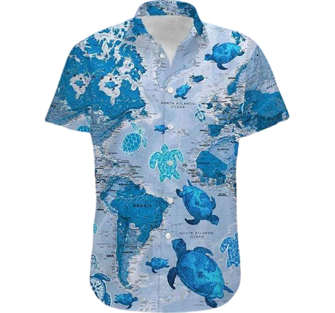 Sea Turtle Map Gifts And White Hawaiian Shirt, Button Up Aloha Shirt For Men, Women