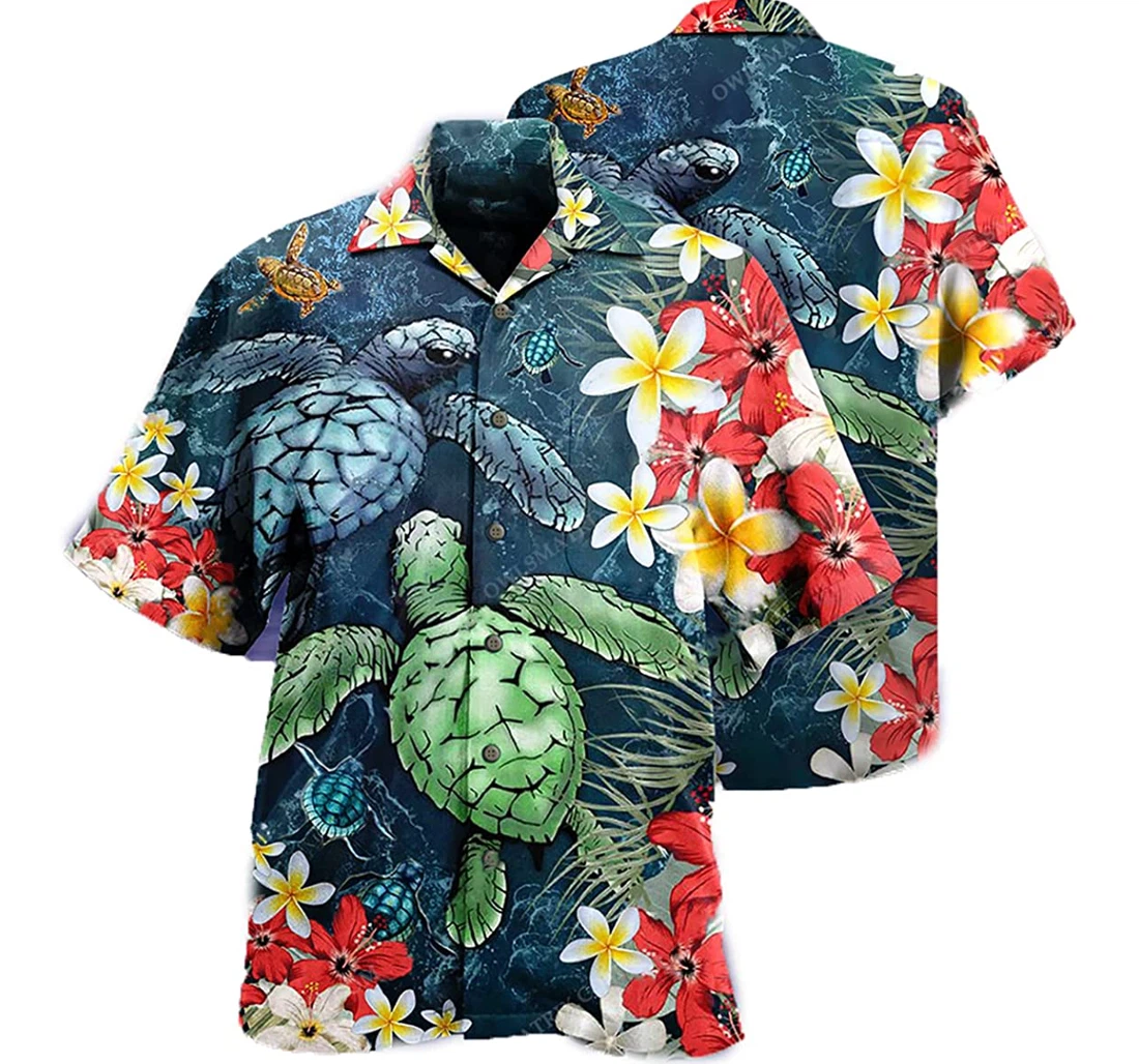 Turtle - Hibiscus Flower And Ocean Gift And White Hawaiian Shirt, Button Up Aloha Shirt For Men, Women