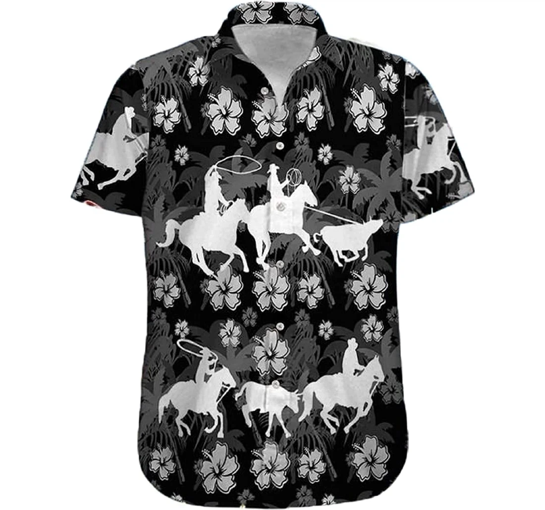 Cowboy - Bull Roping Hibiscus Pattern Gift Cowboy, White Hawaiian Shirt, Button Up Aloha Shirt For Men, Women