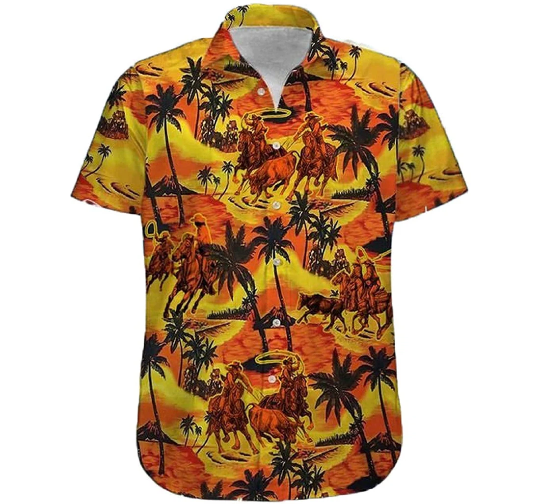 Cowboy - Team Roping Palm Tree Gift Cowboy, Sunset Beach White Hawaiian Shirt, Button Up Aloha Shirt For Men, Women