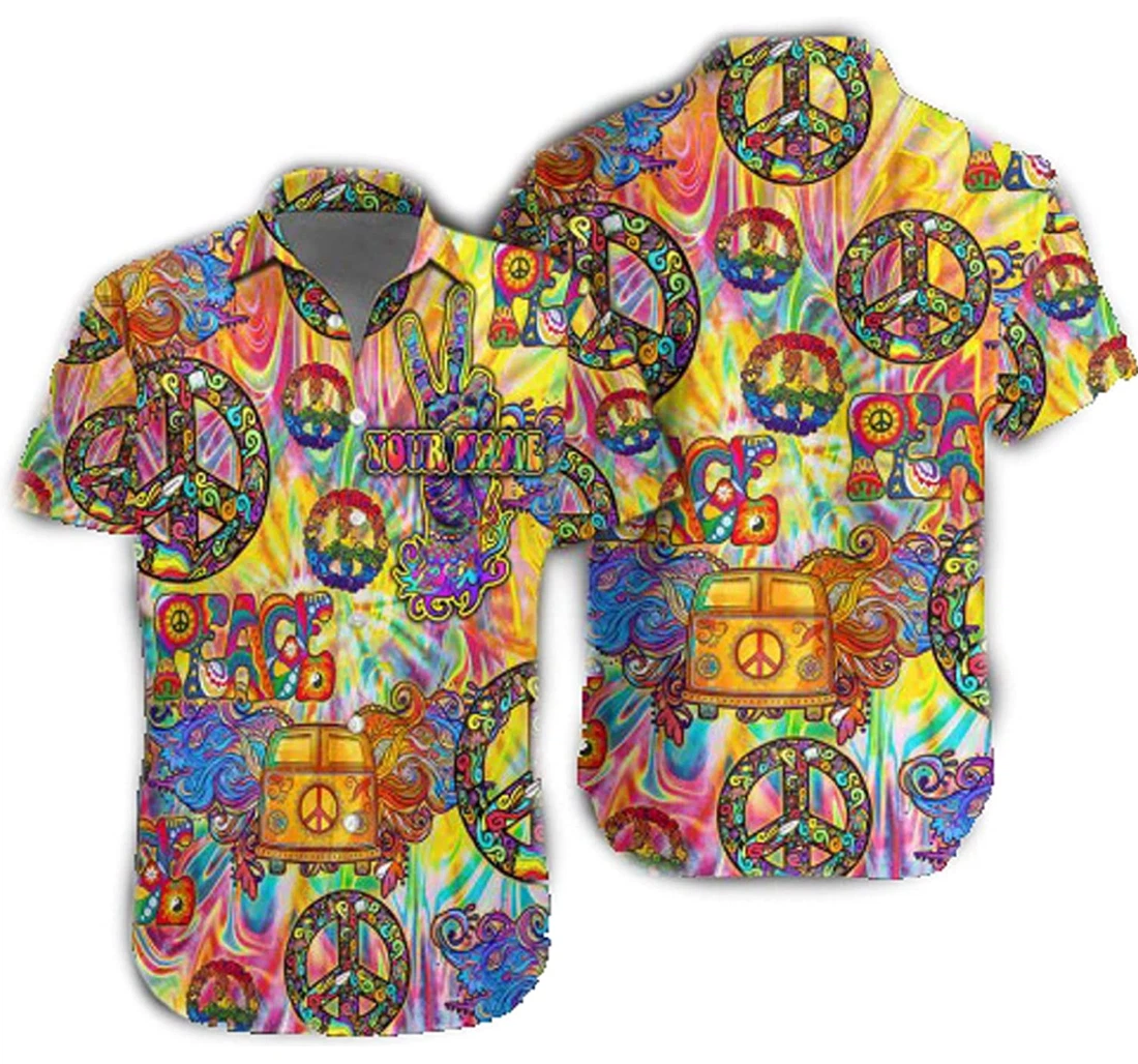 Personalized Hippie Car Peace Colorful Gift And White Hawaiian Shirt, Button Up Aloha Shirt For Men, Women