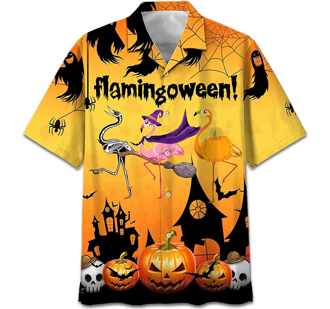 Pumpkin Famille - Flamingo Halloween White Hawaiian Shirt, Button Up Aloha Shirt For Men, Women