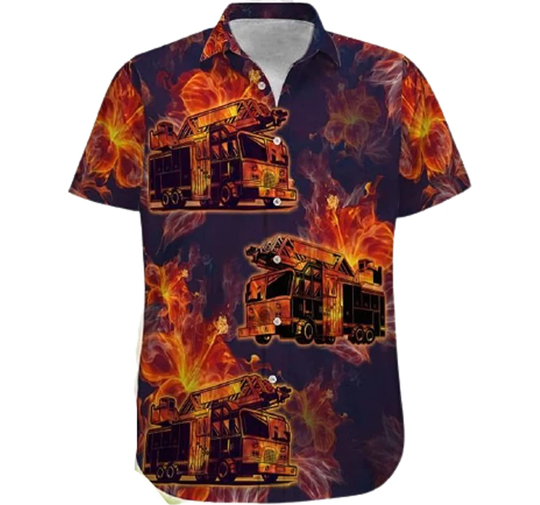 Firefighter-fire Truck Hibiscus Flower Gifts And White Hawaiian Shirt, Button Up Aloha Shirt For Men, Women