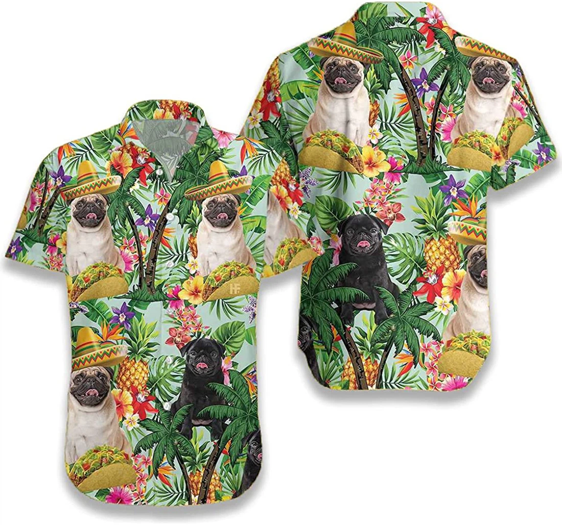 Taco Pug Are Ready Summer, Hibiscus Flower And Palm Tree Dog Lover White Hawaiian Shirt, Button Up Aloha Shirt For Men, Women