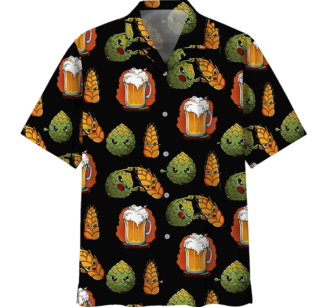 Funny Beer Hops And Barley On Black Background Shirts Hawaiian Shirt, Button Up Aloha Shirt For Men, Women