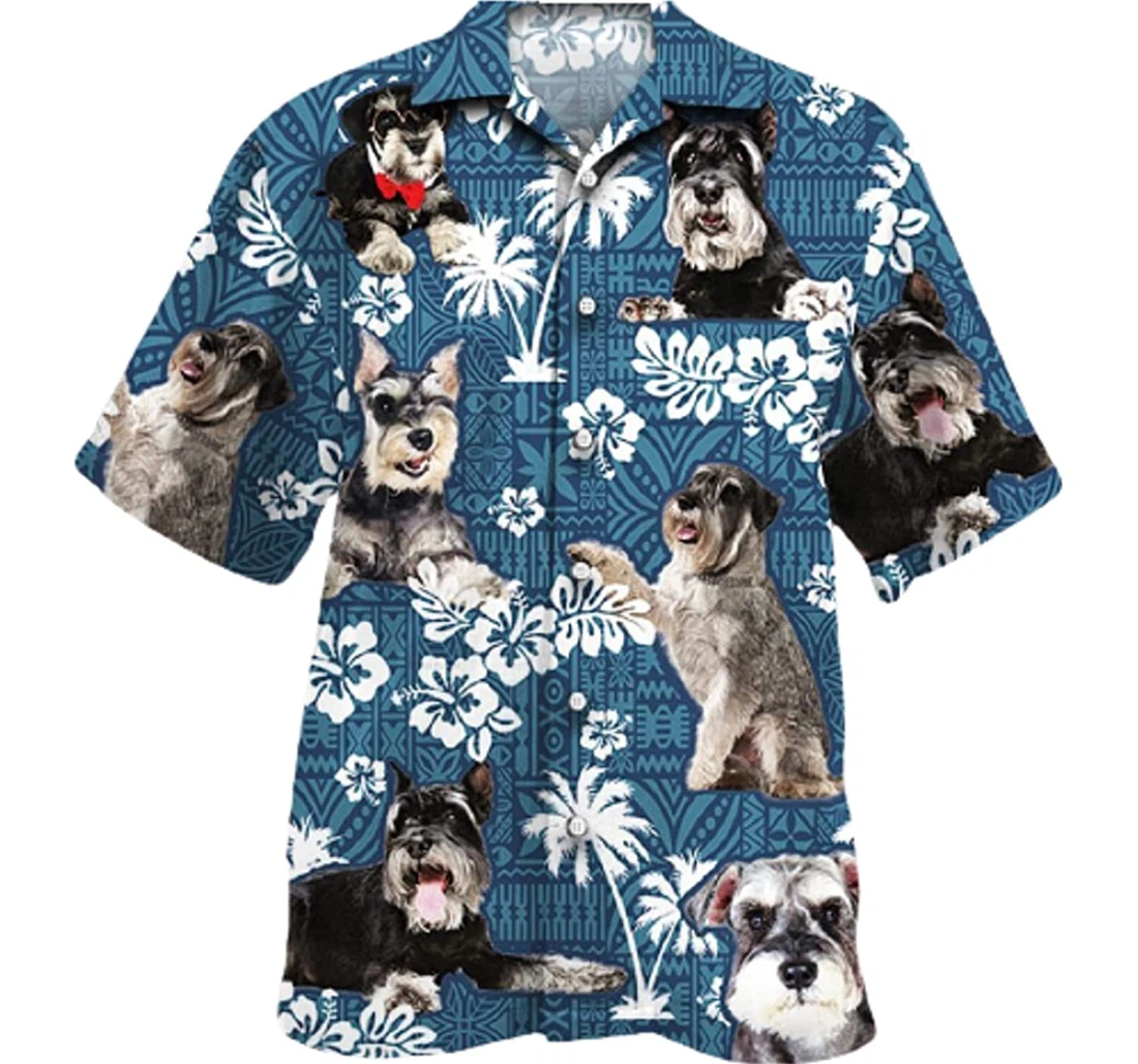 Palm Tree, Hibiscus Flower Miniature Schnauzer Dog Lovers Blue Tribal Pattern Hawaiian Shirt, Button Up Aloha Shirt For Men, Women