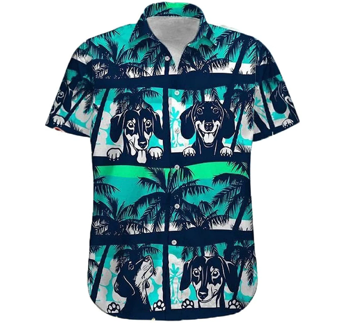 Dachshunds Hibiscus Pattern And Palm Tree Dog Lover White Hawaiian Shirt, Button Up Aloha Shirt For Men, Women