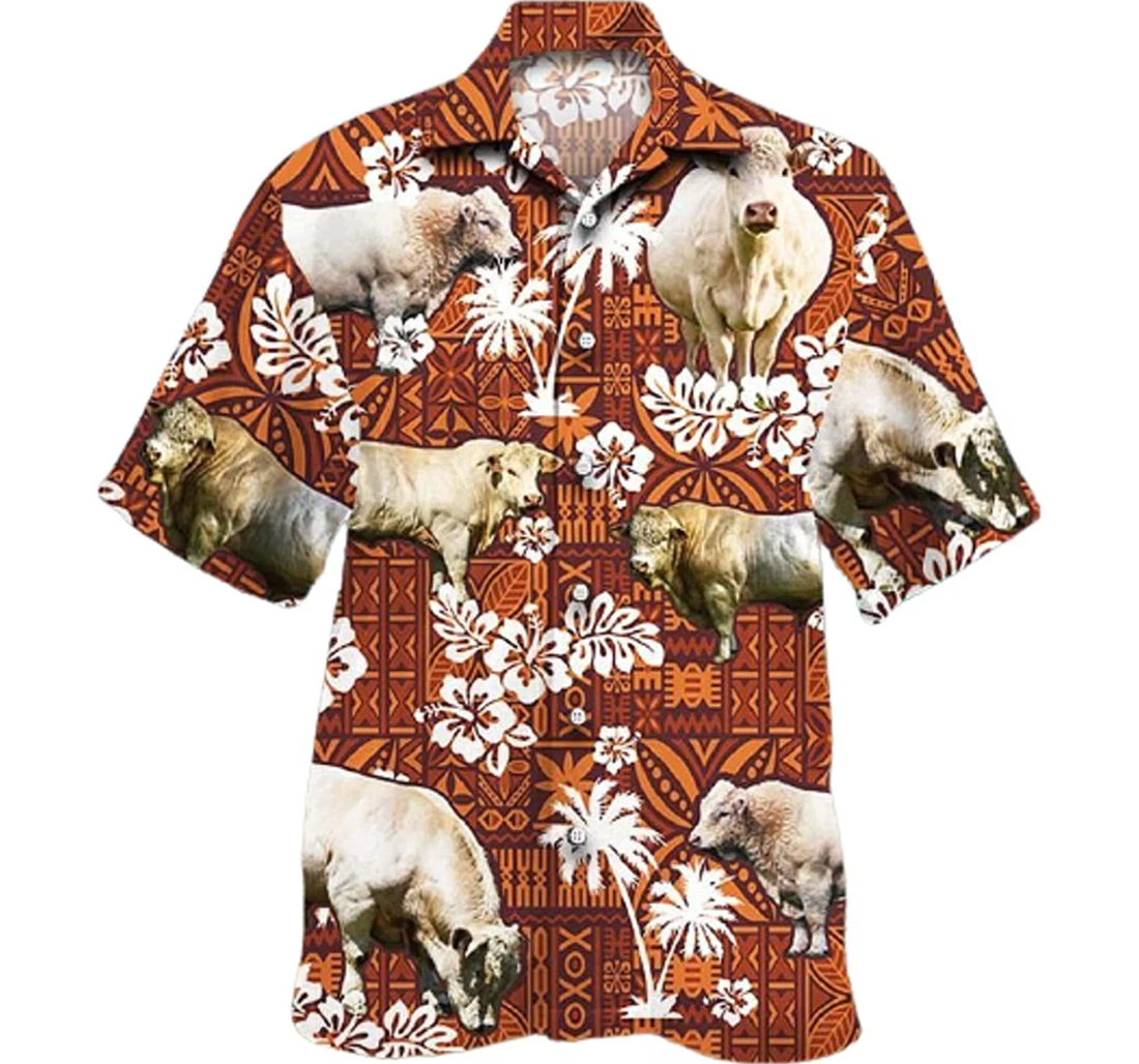 Cow, Palm Tree And Hibiscus Flower Charolais Cattle Lovers Red Tribal Gifts And Hawaiian Shirt, Button Up Aloha Shirt For Men, Women