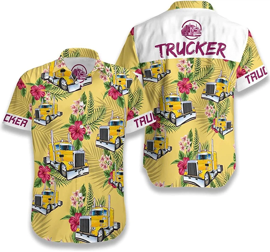 Hibiscus Flower And Trucker On Yellow Background Hawaiian Shirt, Button Up Aloha Shirt For Men, Women