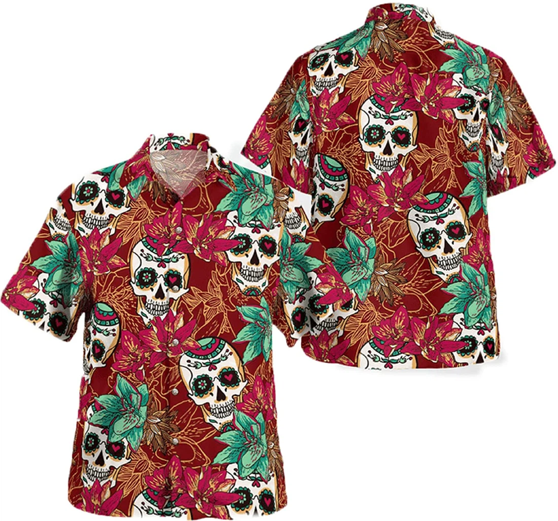 Sugar Skull And Gift And White Hawaiian Shirt, Button Up Aloha Shirt For Men, Women