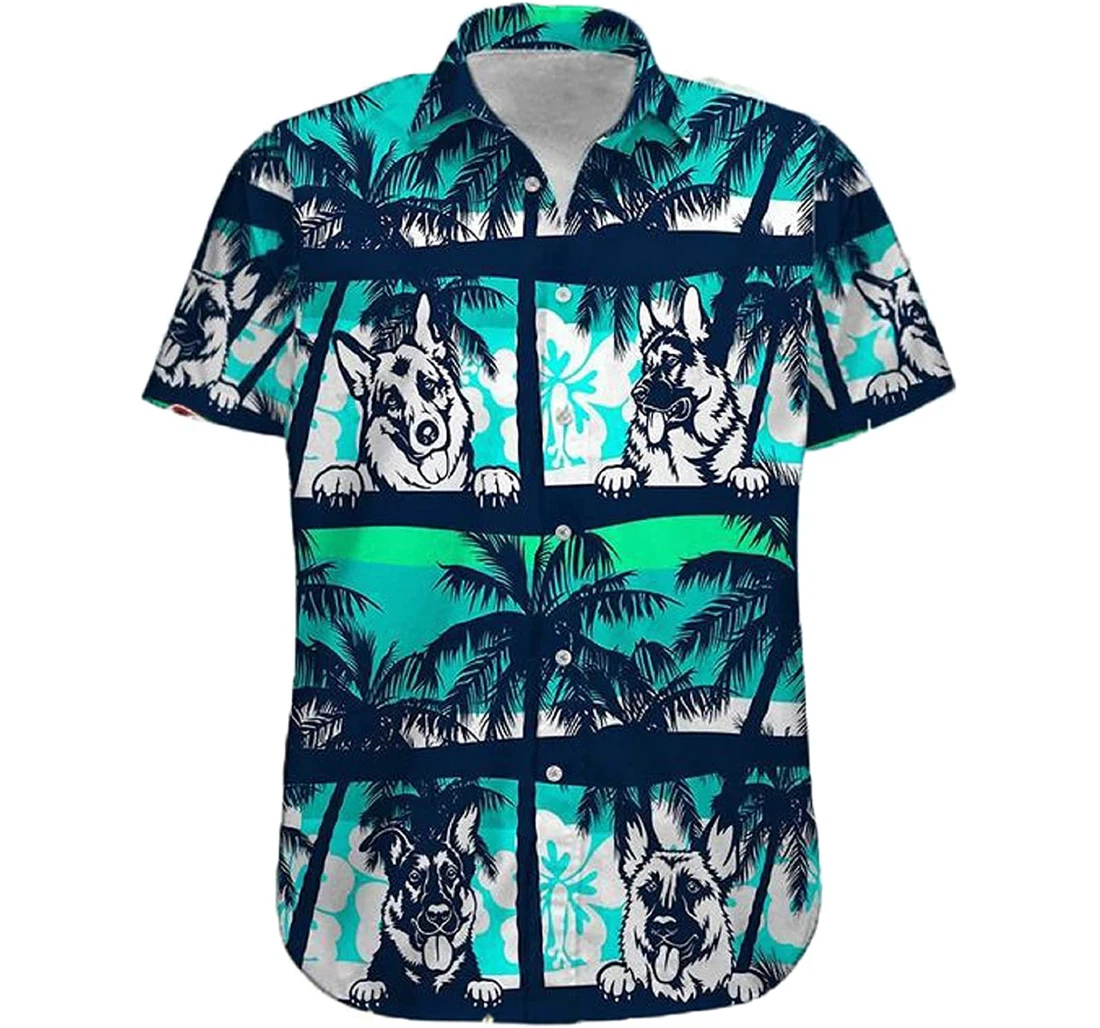 German Shepherd On The Beach - Hibiscus Flower And Palm Tree Dog Lover White Hawaiian Shirt, Button Up Aloha Shirt For Men, Women