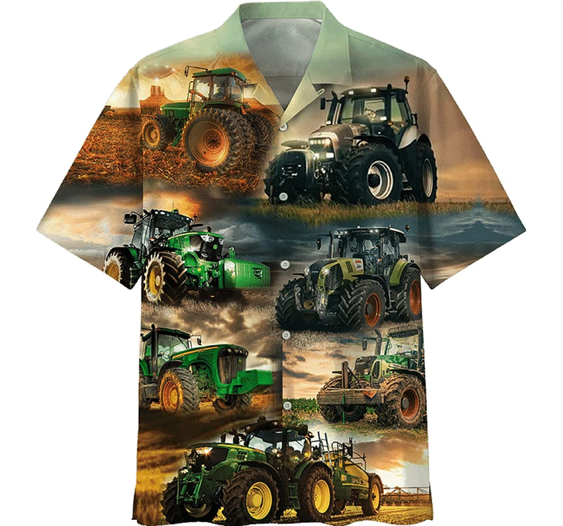 Tractor And Barley - Tractor On The Field, Gifts And White Hawaiian Shirt, Button Up Aloha Shirt For Men, Women