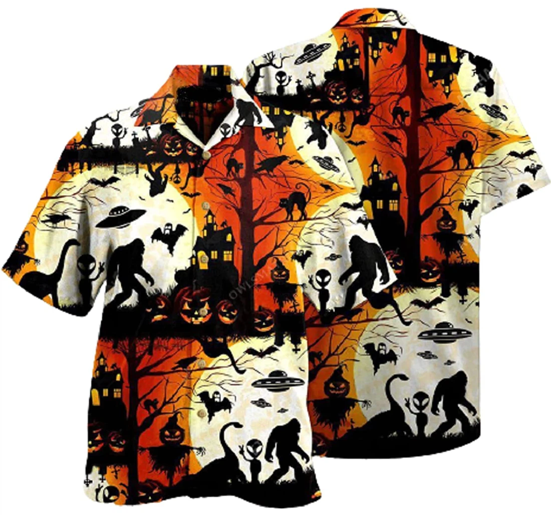 Halloween Ew People Bigfoot Ufo Gifts And White Hawaiian Shirt, Button Up Aloha Shirt For Men, Women