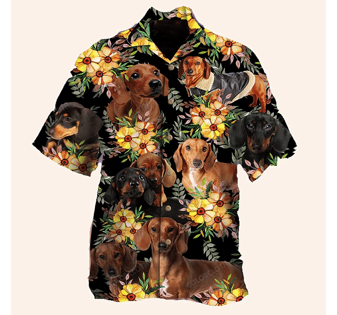 Dachshund And Flowers White Hawaiian Shirt, Button Up Aloha Shirt For Men, Women