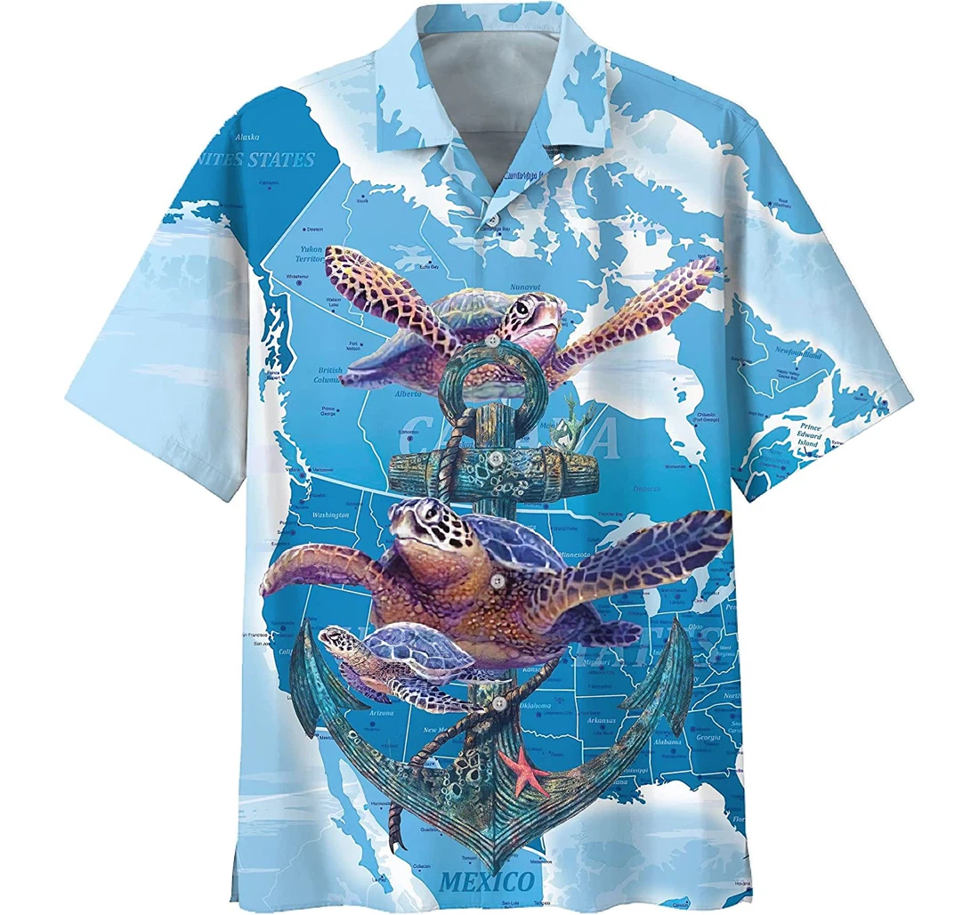 Famille - America Turtle Anchor White Hawaiian Shirt, Button Up Aloha Shirt For Men, Women