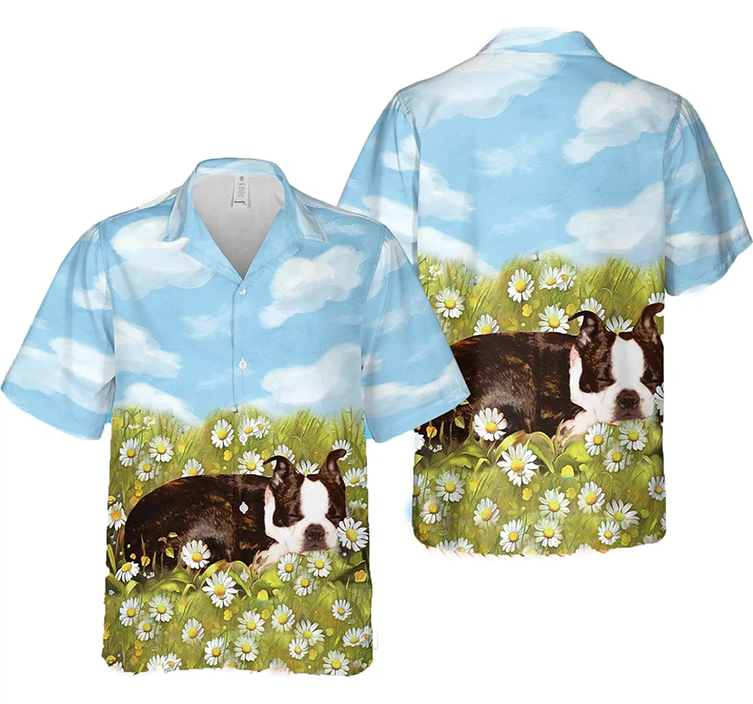 Boston Terrier Sleeping On Daisy Garden Dog Lover White Hawaiian Shirt, Button Up Aloha Shirt For Men, Women