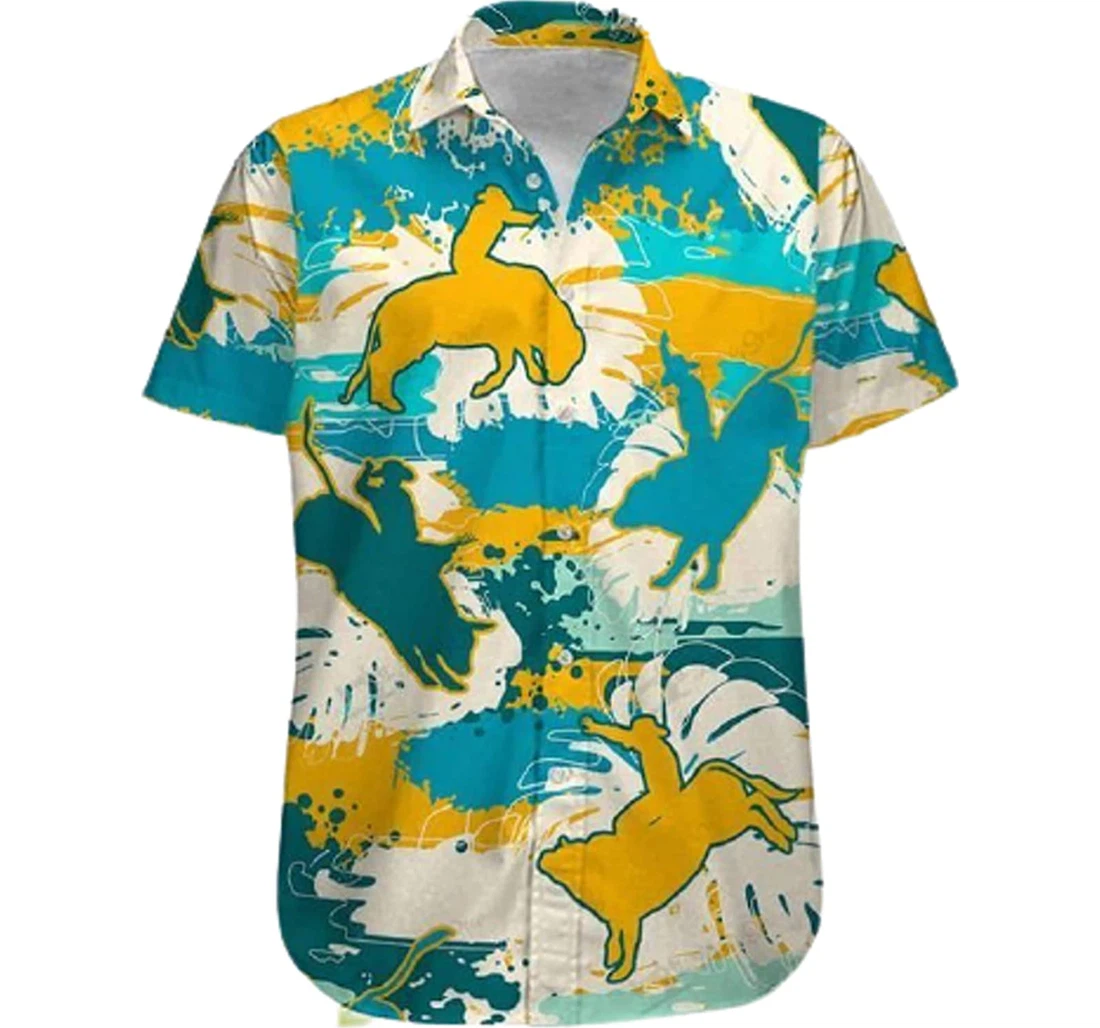 Bull Riding Water Color Gifts And White Hawaiian Shirt, Button Up Aloha Shirt For Men, Women