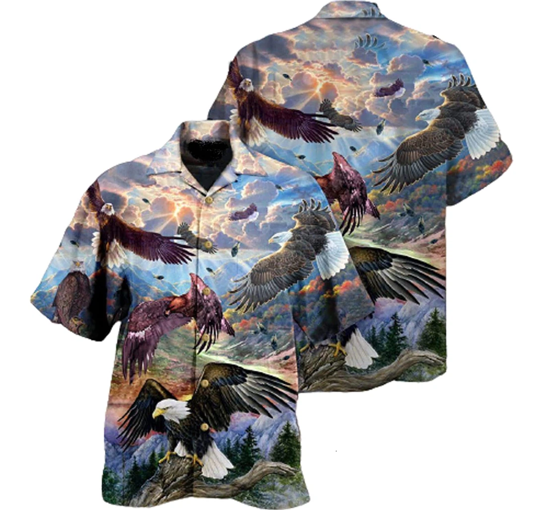 Eagle Spread Wings The Sky And Mountain Gifts And White Hawaiian Shirt, Button Up Aloha Shirt For Men, Women