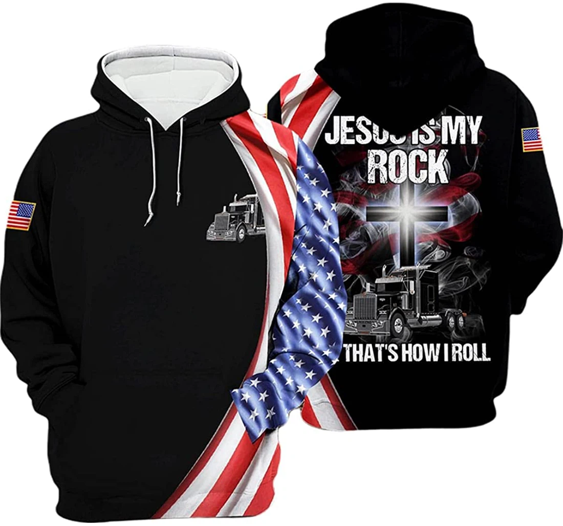 Personalized Us Trucker Jesus Is My Rock That's How I Roll - 3D Printed Pullover Hoodie