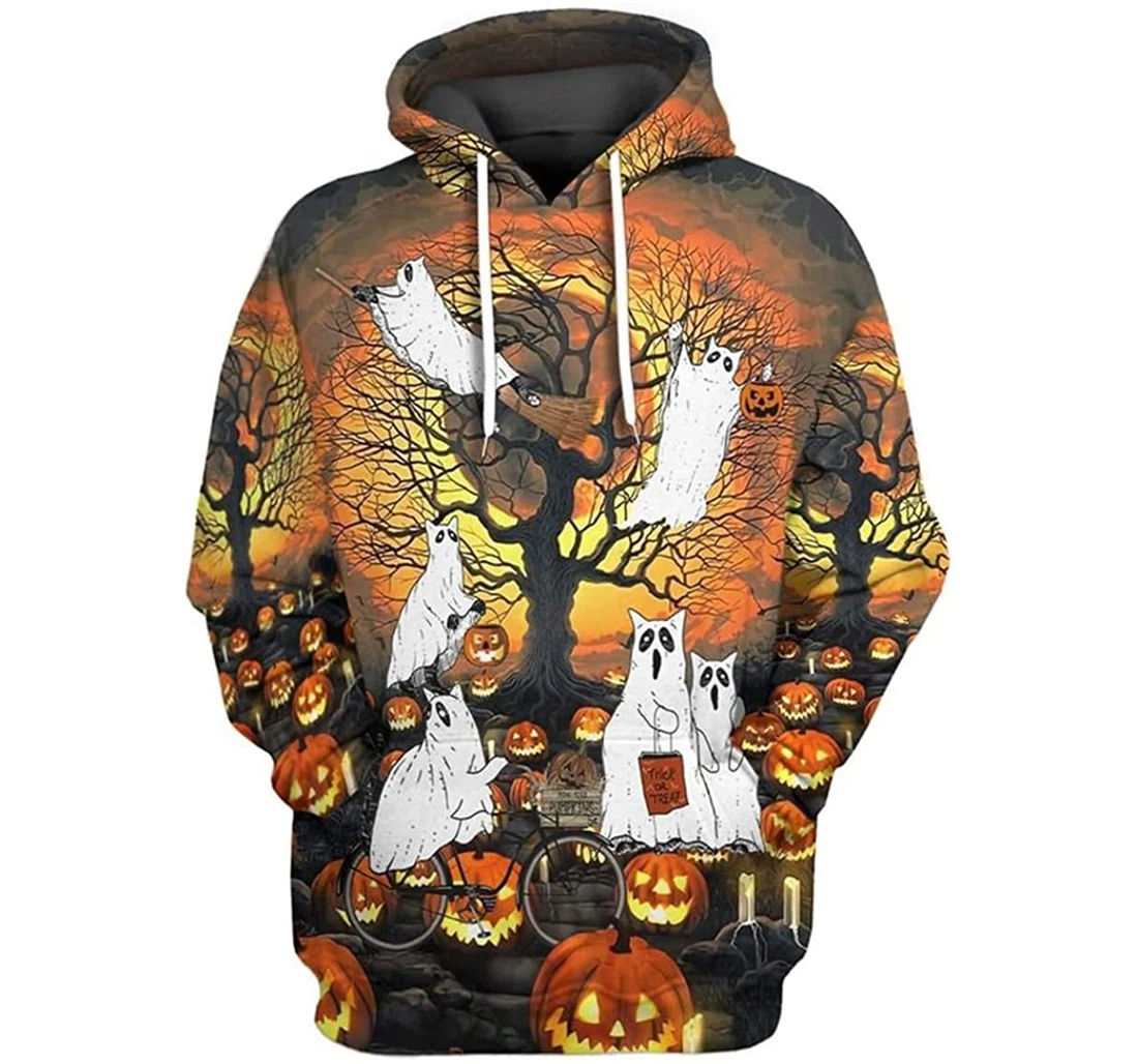 Halloween Ghost Cat Pumpkin - 3D Printed Pullover Hoodie