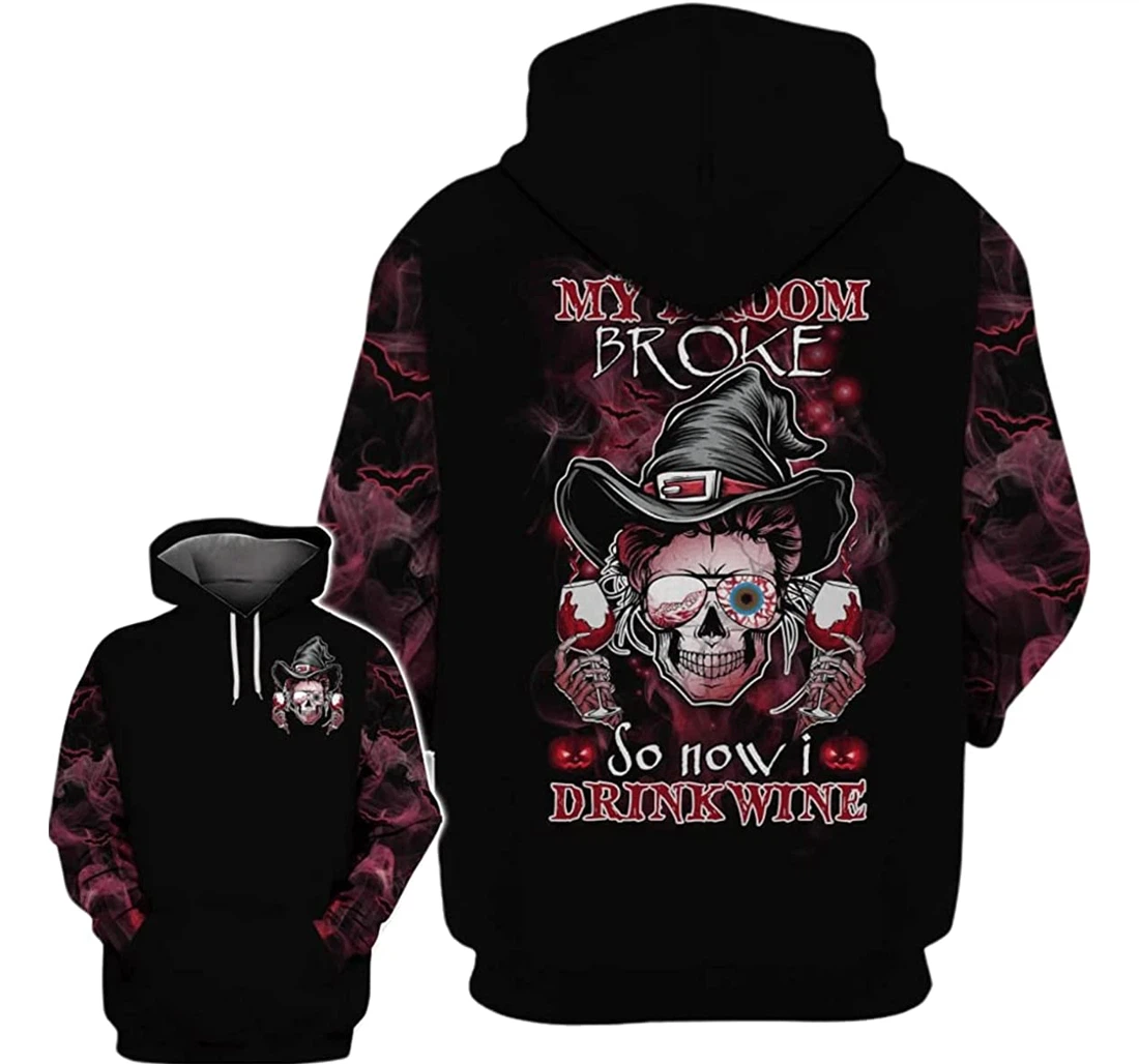 Halloween My Broom Broke So Now I Drink Wine Skull Art - 3D Printed Pullover Hoodie