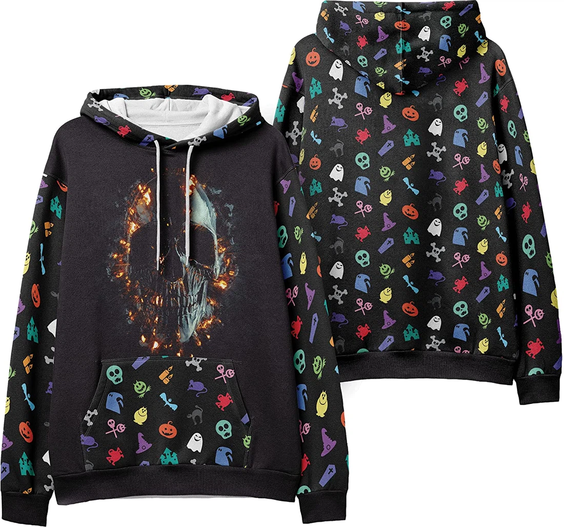 Skull Fire Crossbones Seamless Pattern Halloween - 3D Printed Pullover Hoodie