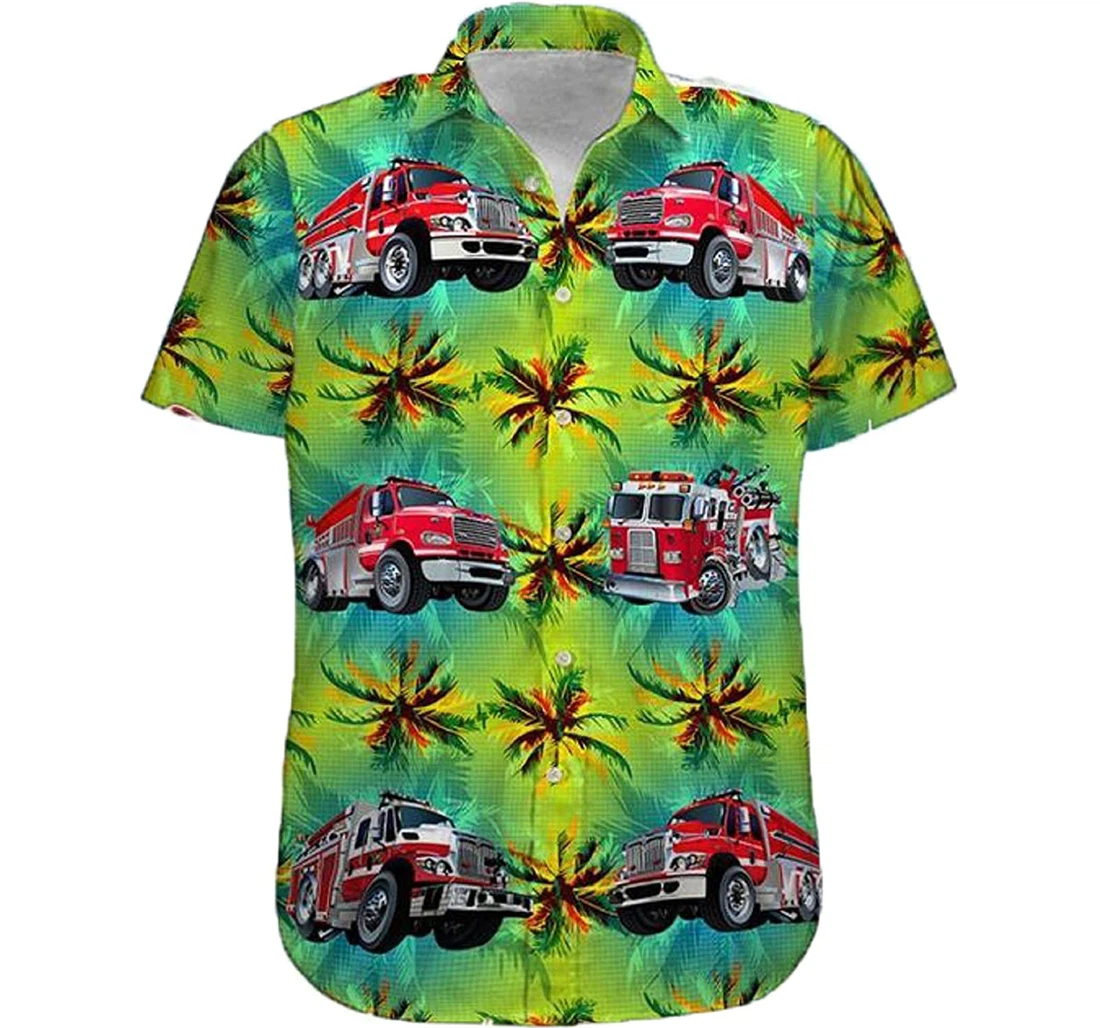 Firefighter Fire Truck - Palm Tree Gift And White Hawaiian Shirt, Button Up Aloha Shirt For Men, Women