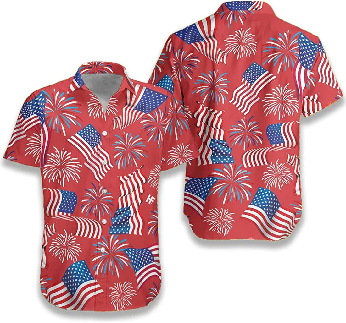 Independence Day - American Flag Firework Gift And White Hawaiian Shirt, Button Up Aloha Shirt For Men, Women