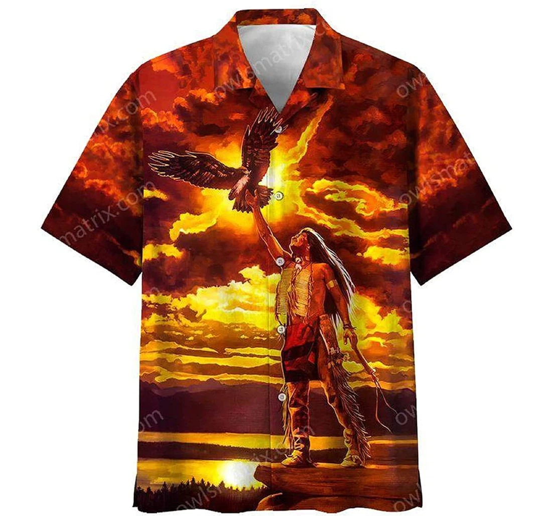 Eagle With Native American Below Sunset Gift And White Hawaiian Shirt, Button Up Aloha Shirt For Men, Women