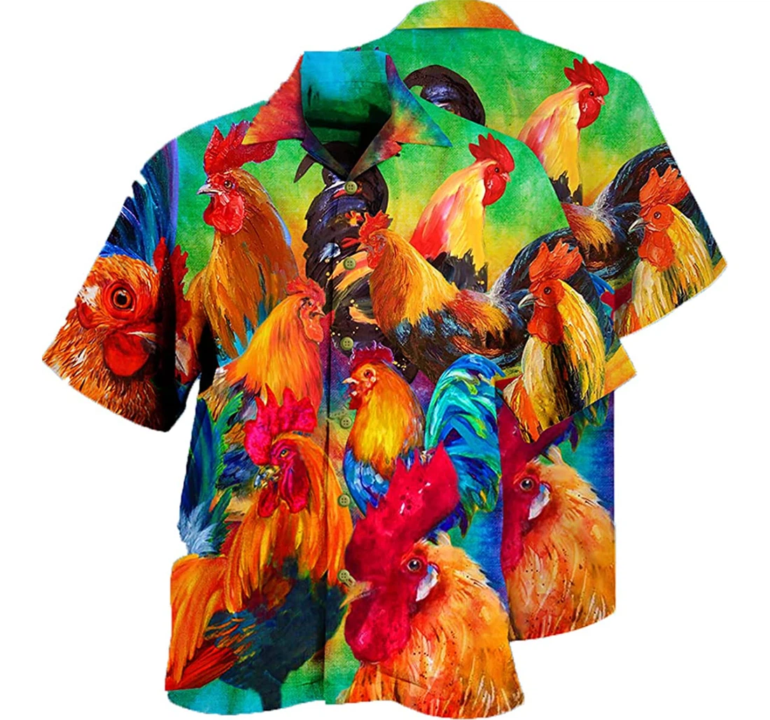 Rooster Colorful Us1 Chicken Lover, Gift And White Hawaiian Shirt, Button Up Aloha Shirt For Men, Women