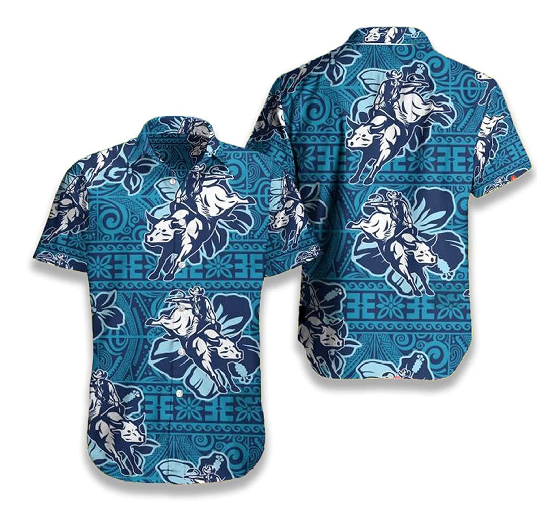 Cowboy - Blue Bull Riding, Hibiscus Flower Gift And Hawaiian Shirt, Button Up Aloha Shirt For Men, Women