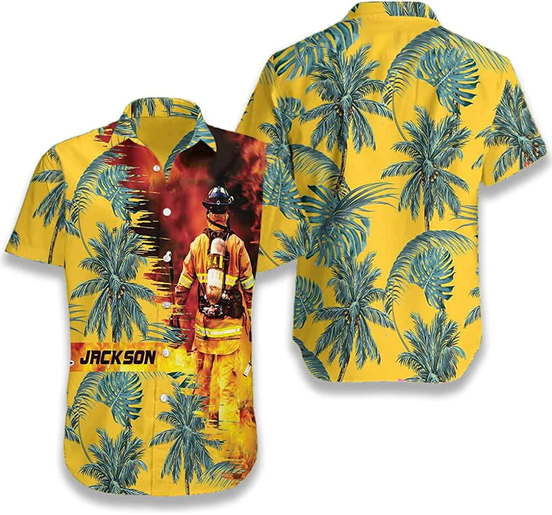 Personalized Firefighter Yellow And Palm Tree Hawaiian Shirt, Button Up Aloha Shirt For Men, Women