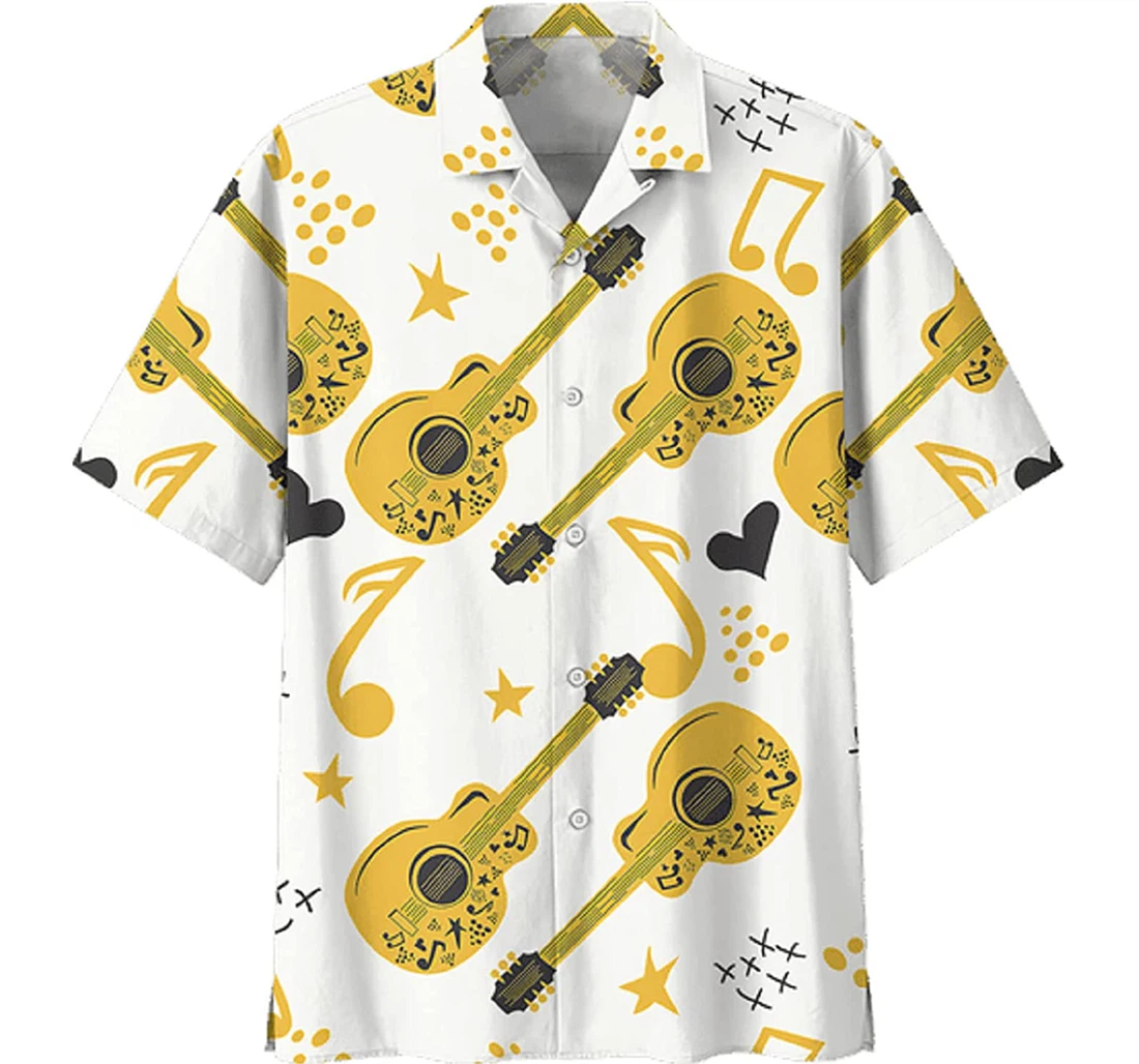 Musical Notes And Guitar White Hawaiian Shirt, Button Up Aloha Shirt For Men, Women