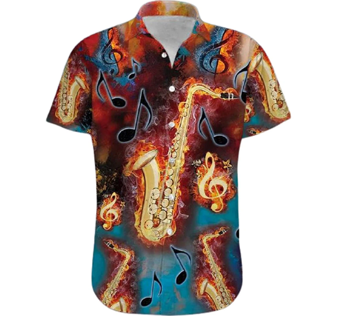 The Burning Melodies Of Saxophone Gifts And White Hawaiian Shirt, Button Up Aloha Shirt For Men, Women