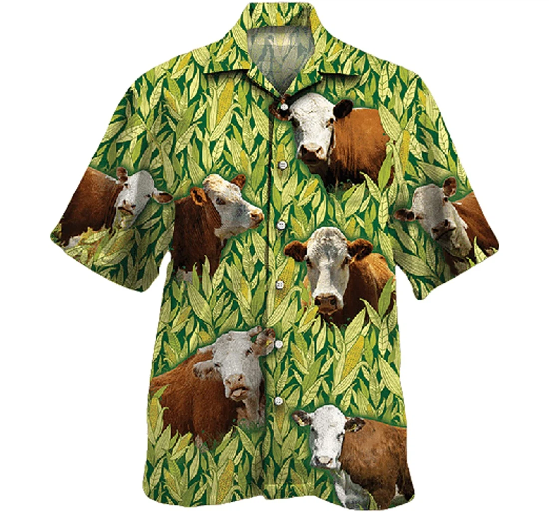 Cow Hereford Cattle Lovers Corn Pattern Gifts And White Hawaiian Shirt, Button Up Aloha Shirt For Men, Women