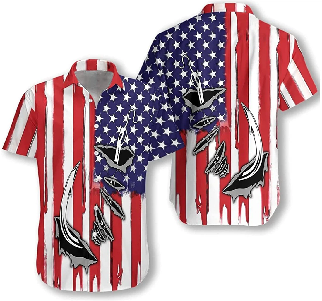 Fish Hook American Flag Fishing Lover White Hawaiian Shirt, Button Up Aloha Shirt For Men, Women