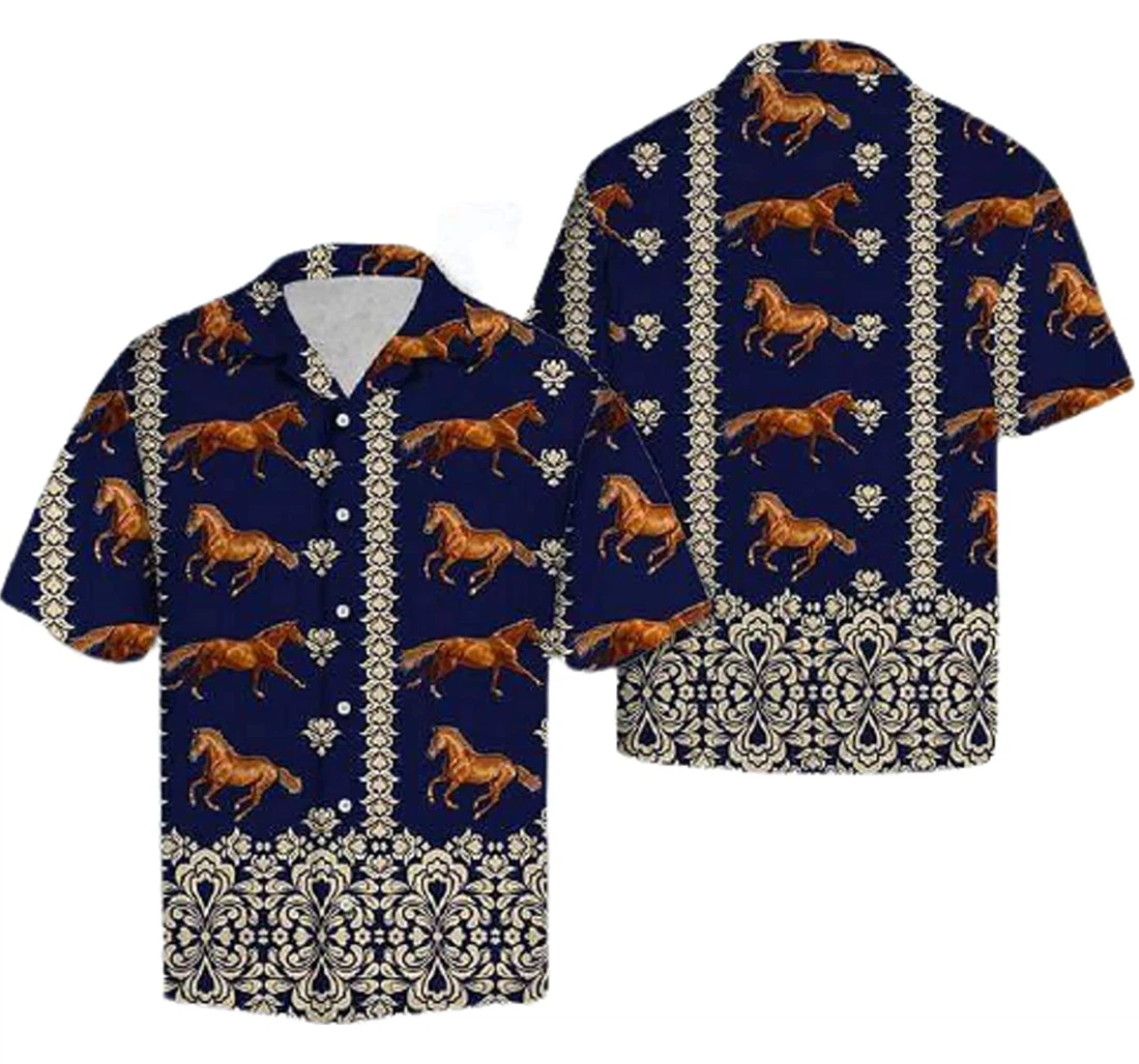 Horse Pattern Navy Gifts And Hawaiian Shirt, Button Up Aloha Shirt For Men, Women