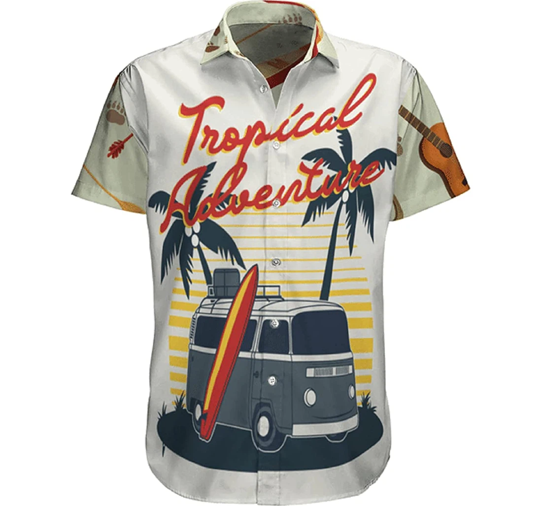 Camping - Adventure And Palm Tree Motorhome, Gift And White Hawaiian Shirt, Button Up Aloha Shirt For Men, Women