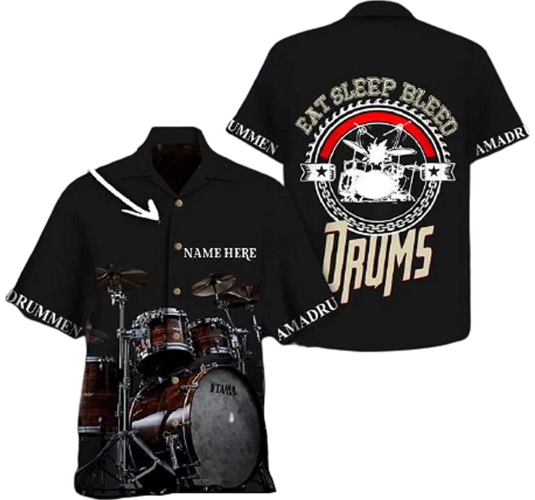 Custom Name Eat Sleep Drums On Black Backgrou Shirts Hawaiian Shirt, Button Up Aloha Shirt For Men, Women