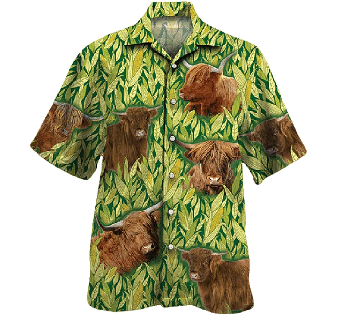 Cow Highland Cattle Lovers Corn Pattern Gifts And White Hawaiian Shirt, Button Up Aloha Shirt For Men, Women