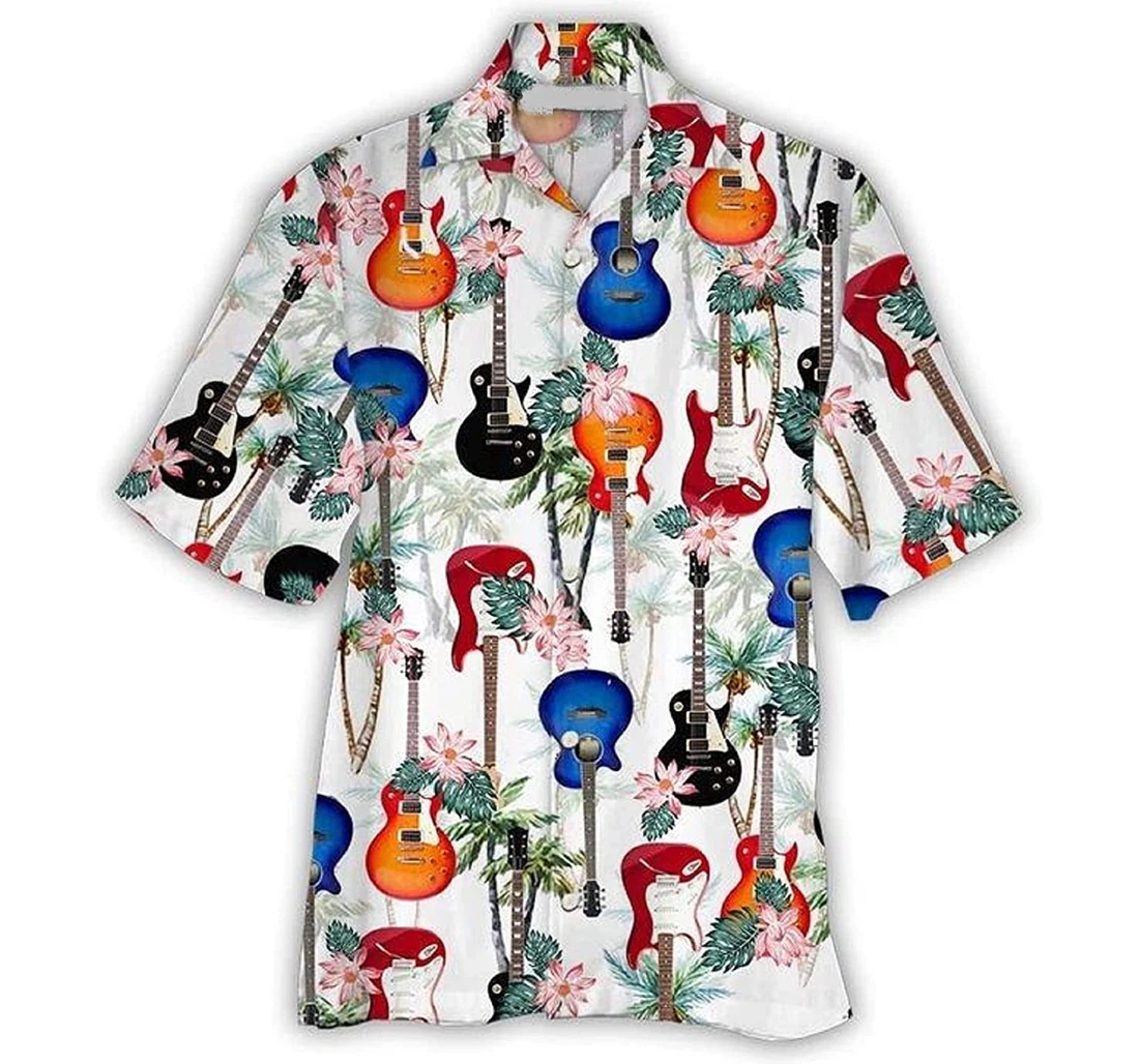 Guitar, Flower And Coconut Tree Gifts And White Hawaiian Shirt, Button Up Aloha Shirt For Men, Women